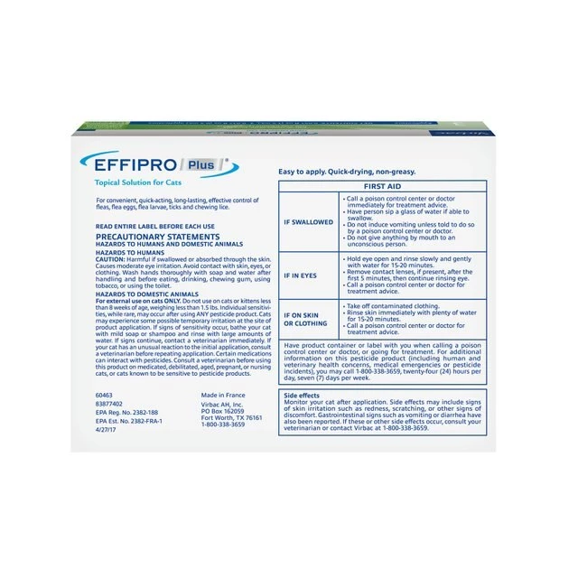 Virbac EFFIPRO Flea & Tick Spot Treatment for Cats, over 1.5 lbs 4 Virbac EFFIPRO Flea & Tick Spot Treatment for Cats, over 1.5 lbs - Image 2