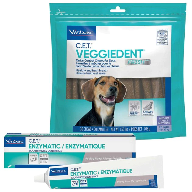 Virbac C.E.T. Enzymatic Dog & Cat Poultry Flavor Toothpaste, 70 gram & Virbac C.E.T. VeggieDent Fr3sh Tartar Control Dog Chews, Medium, 30 Count 3 Virbac C.E.T. Enzymatic Dog & Cat Poultry Flavor Toothpaste, 70 gram & Virbac C.E.T. VeggieDent Fr3sh Tartar Control Dog Chews, Medium, 30 Count