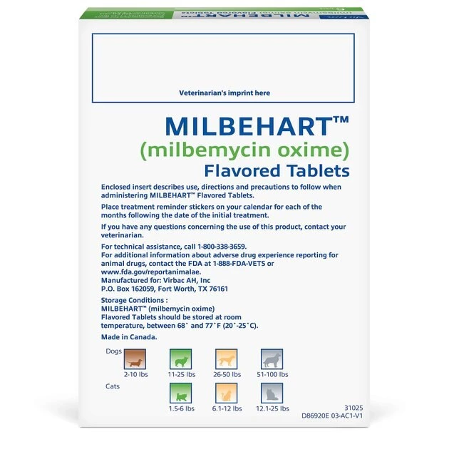 Milbehart Flavored Tablets for Dogs, 11-25 lbs, & Cats, 1.5-6 lbs, (Green Box) 4 Milbehart Flavored Tablets for Dogs, 11-25 lbs, & Cats, 1.5-6 lbs, (Green Box) - Image 2