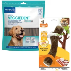 Virbac||Nylabone Virbac C.E.T. VeggieDent Fr3sh Tartar Control Chews, Large + Nylabone Strong Chew Stick Maple Bacon Flavored Chew Toy for Dogs