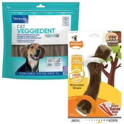 Virbac||Nylabone Virbac C.E.T. VeggieDent Fr3sh Tartar Control Chews, Medium + Nylabone Strong Chew Stick Maple Bacon Flavored Chew Toy for Dogs