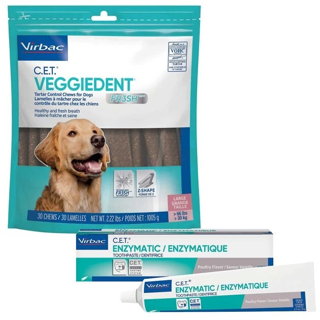 Virbac C.E.T. VeggieDent Fr3sh Tartar Control Chews + Enzymatic Poultry Flavor Toothpaste for Dogs 3 Virbac C.E.T. VeggieDent Fr3sh Tartar Control Chews + Enzymatic Poultry Flavor Toothpaste for Dogs